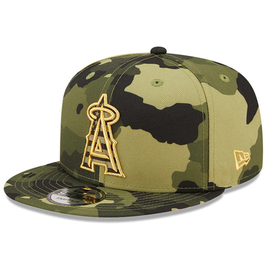 Los Angeles Anaheim Angels New Era MLB 9FIFTY 950 Snapback Cap Hat Camo Crown/Visor Camo Flag/Gold Logo (2022 Armed Forces Day)