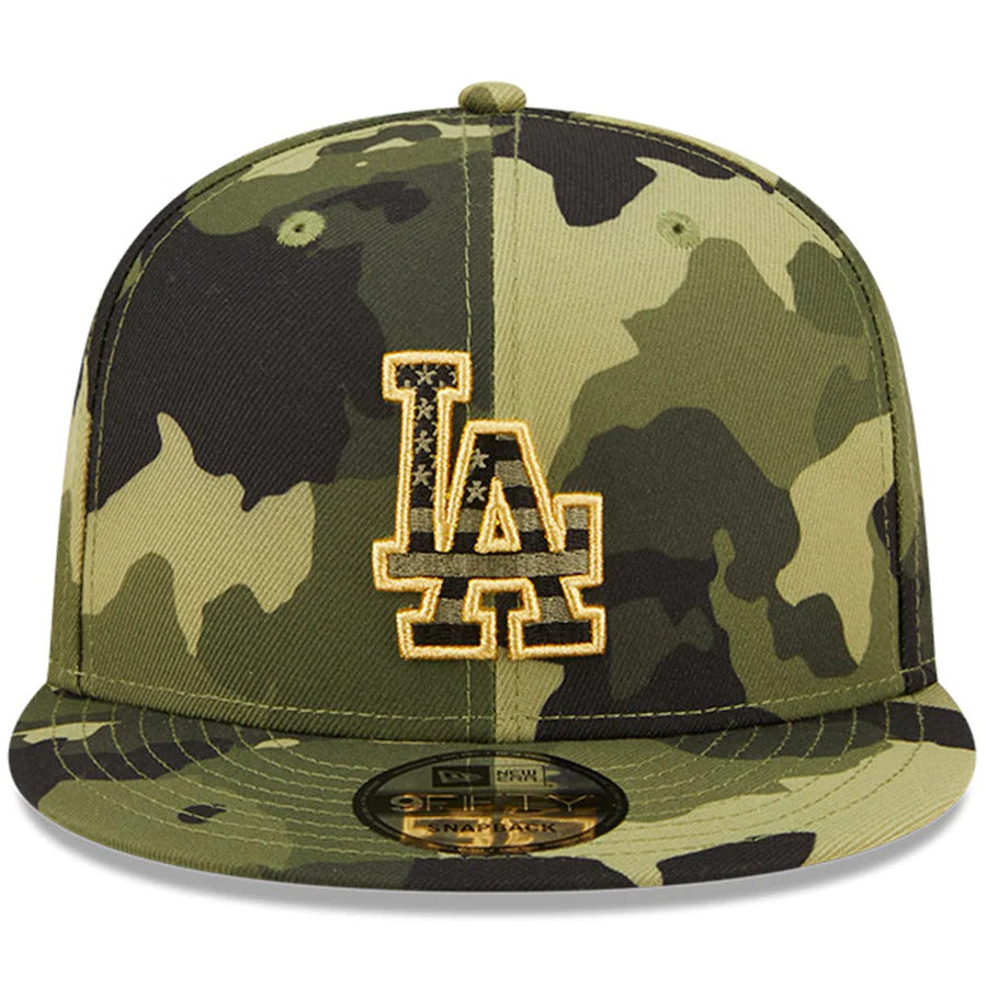 Los Angeles Dodgers New Era MLB 9FIFTY 950 Snapback Cap Hat Camo Crown/Visor Camo Flag/Gold Logo (2022 Armed Forces Day)