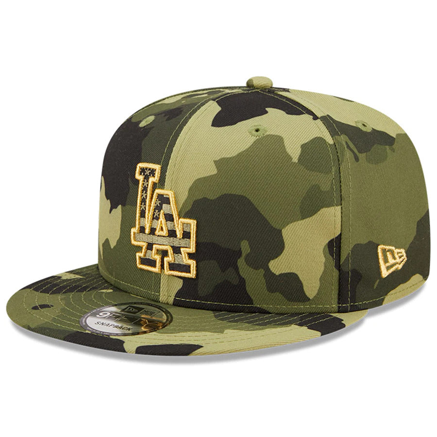 Los Angeles Dodgers New Era MLB 9FIFTY 950 Snapback Cap Hat Camo Crown/Visor Camo Flag/Gold Logo (2022 Armed Forces Day)