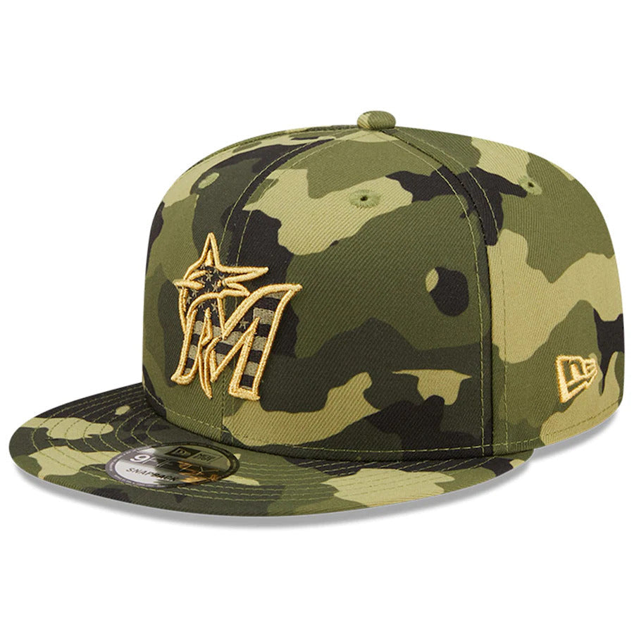 Miami Marlins New Era MLB 9FIFTY 950 Snapback Cap Hat Camo Crown/Visor Camo Flag/Gold Logo (2022 Armed Forces Day)