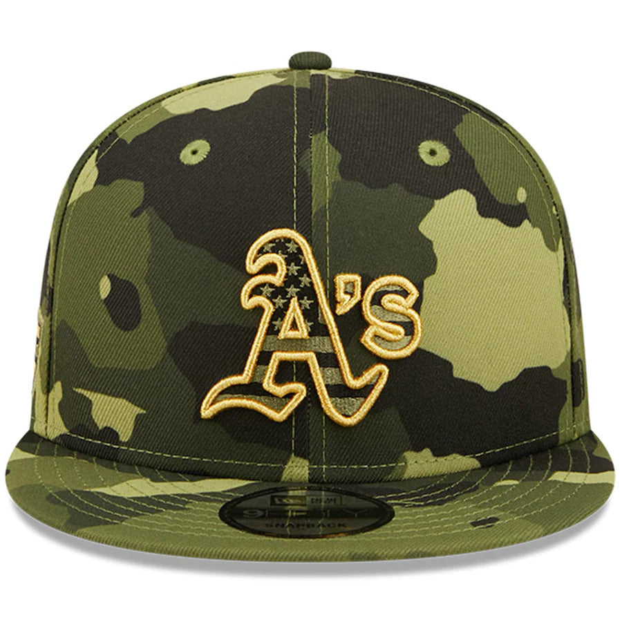 Oakland A's Athletics New Era MLB 9FIFTY 950 Snapback Cap Hat Camo Crown/Visor Camo Flag/Gold Logo (2022 Armed Forces Day)