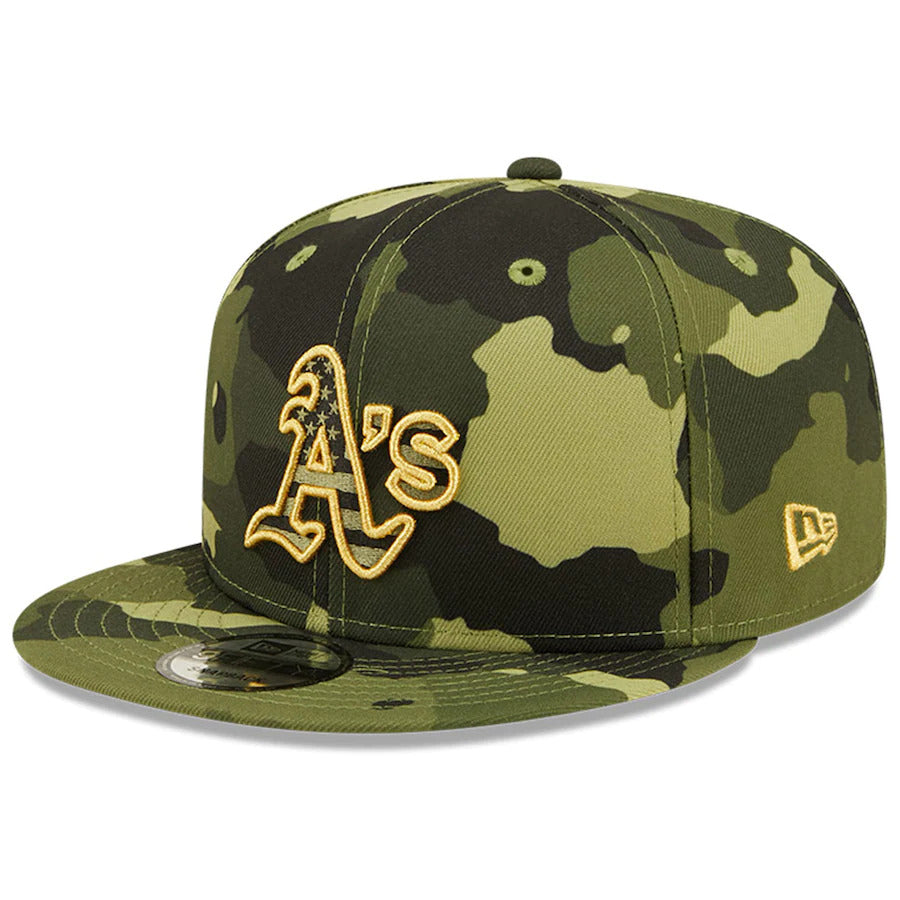 Oakland A's Athletics New Era MLB 9FIFTY 950 Snapback Cap Hat Camo Crown/Visor Camo Flag/Gold Logo (2022 Armed Forces Day)