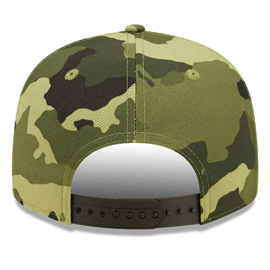 Oakland A's Athletics New Era MLB 9FIFTY 950 Snapback Cap Hat Camo Crown/Visor Camo Flag/Gold Logo (2022 Armed Forces Day)