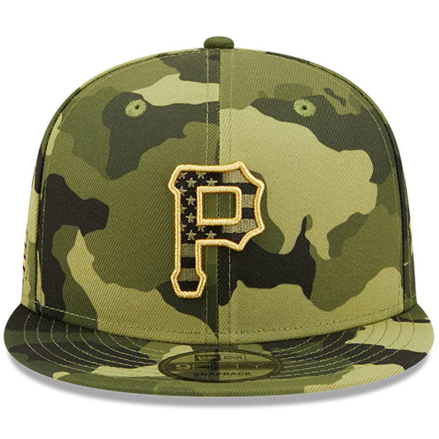 Pittsburgh Pirates New Era MLB 9FIFTY 950 Snapback Cap Hat Camo Crown/Visor Camo Flag/Gold Logo (2022 Armed Forces Day)
