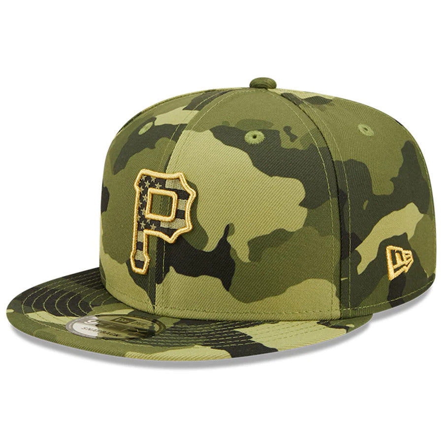 Pittsburgh Pirates New Era MLB 9FIFTY 950 Snapback Cap Hat Camo Crown/Visor Camo Flag/Gold Logo (2022 Armed Forces Day)