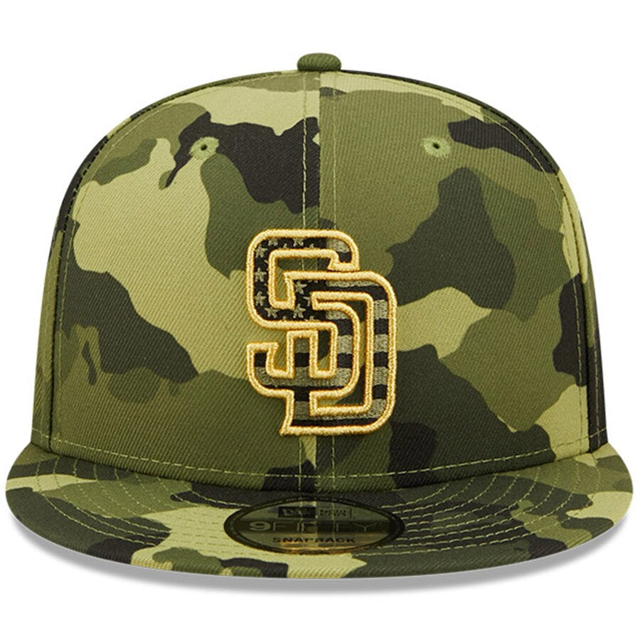 San Diego Padres New Era MLB 9FIFTY 950 Snapback Cap Hat Camo Crown/Visor Camo Flag/Gold Logo (2022 Armed Forces Day)