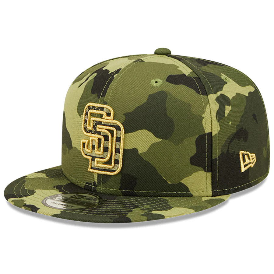 San Diego Padres New Era MLB 9FIFTY 950 Snapback Cap Hat Camo Crown/Visor Camo Flag/Gold Logo (2022 Armed Forces Day)