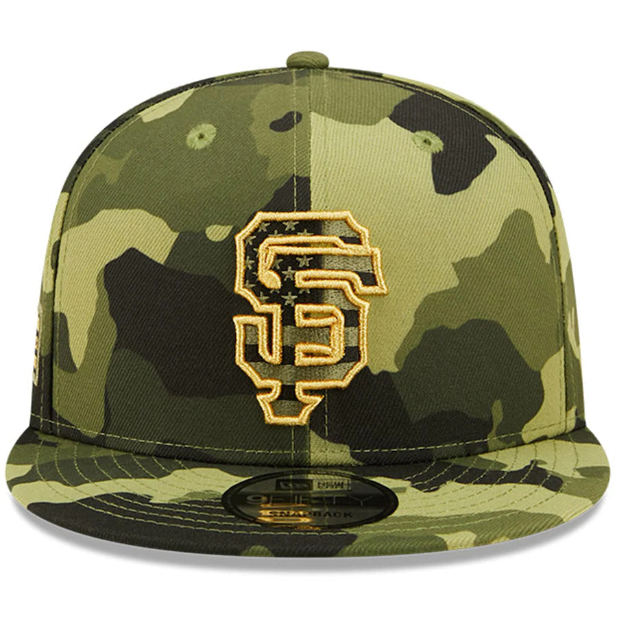 San Francisco Giants New Era MLB 9FIFTY 950 Snapback Cap Hat Camo Crown/Visor Camo Flag/Gold Logo (2022 Armed Forces Day)