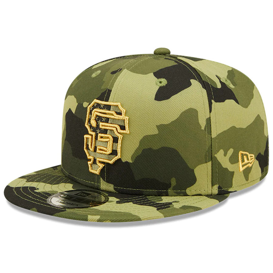 San Francisco Giants New Era MLB 9FIFTY 950 Snapback Cap Hat Camo Crown/Visor Camo Flag/Gold Logo (2022 Armed Forces Day)
