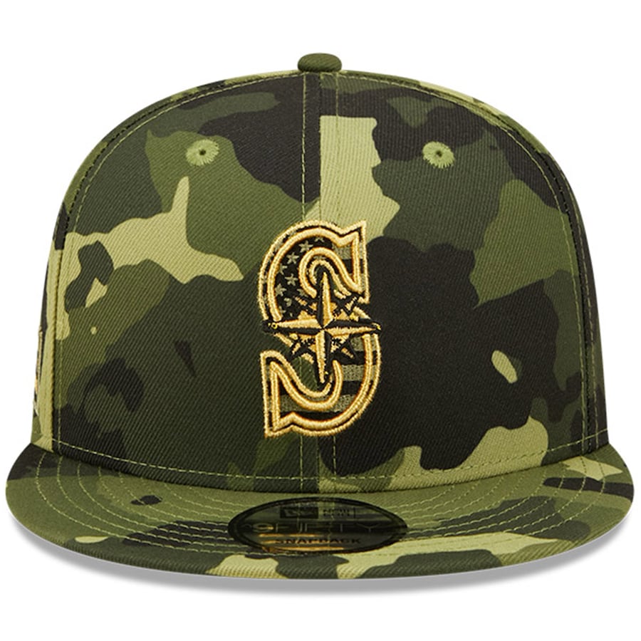 Seattle Mariners New Era MLB 9FIFTY 950 Snapback Cap Hat Camo Crown/Visor Camo Flag/Gold Logo (2022 Armed Forces Day)