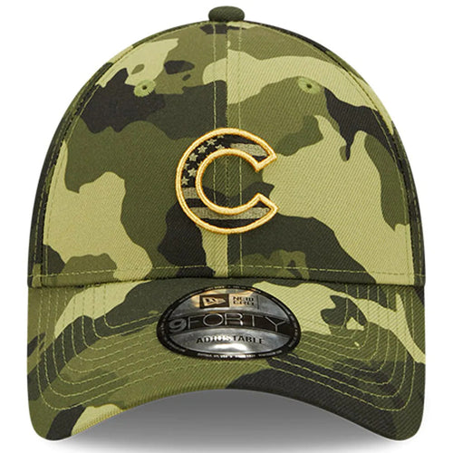 Chicago Cubs New Era MLB 9FORTY 940 Adjustable Cap Hat Camo Crown/Visor Camo Flag/Gold Logo (2022 Armed Forces Day)