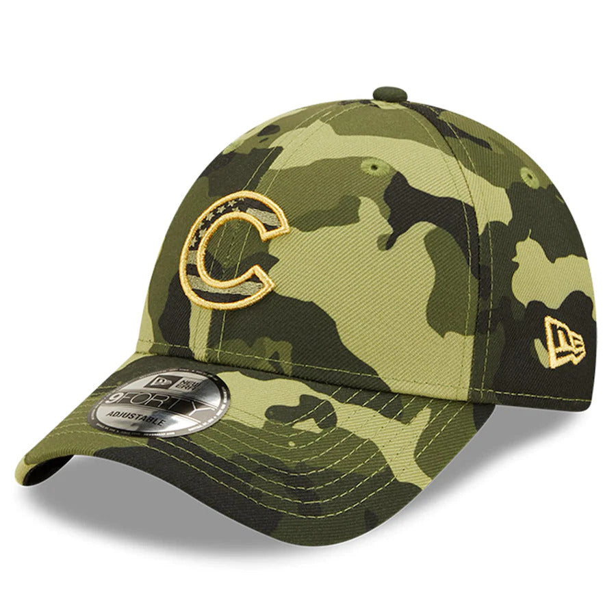 Chicago Cubs New Era MLB 9FORTY 940 Adjustable Cap Hat Camo Crown/Visor Camo Flag/Gold Logo (2022 Armed Forces Day)