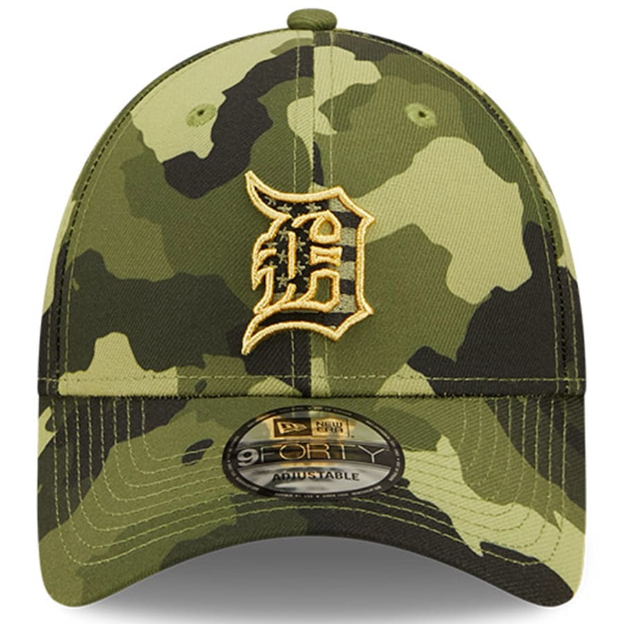 Detroit Tigers New Era MLB 9FORTY 940 Adjustable Cap Hat Camo Crown/Visor Camo Flag/Gold Logo (2022 Armed Forces Day)
