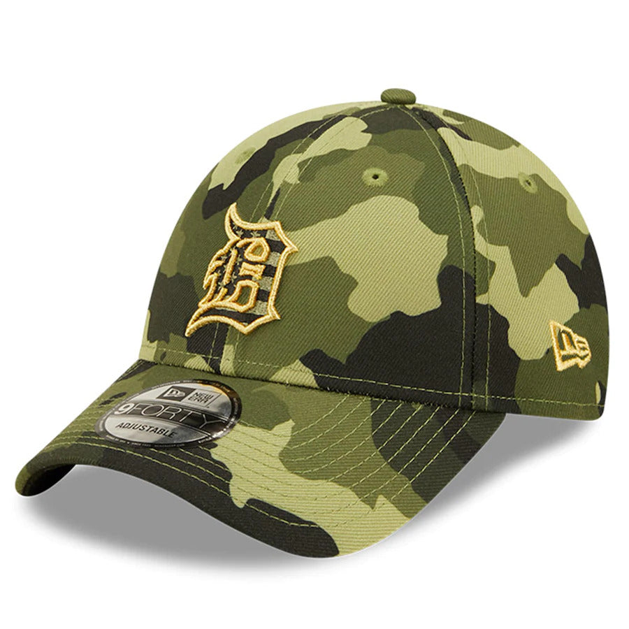 Detroit Tigers New Era MLB 9FORTY 940 Adjustable Cap Hat Camo Crown/Visor Camo Flag/Gold Logo (2022 Armed Forces Day)