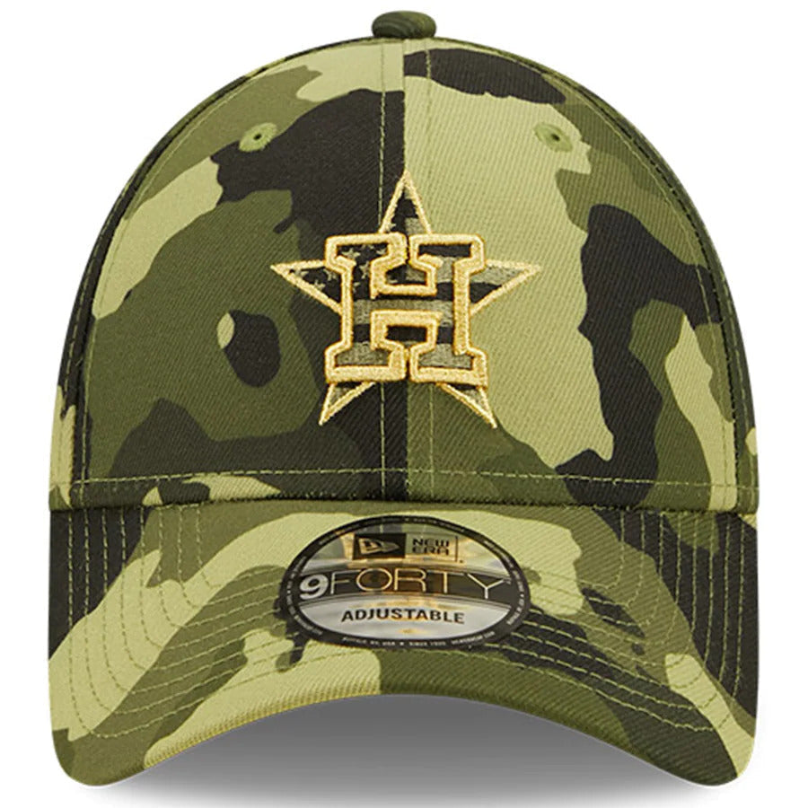 Houston Astros New Era MLB 9FORTY 940 Adjustable Cap Hat Camo Crown/Visor Camo Flag/Gold Logo (2022 Armed Forces Day)
