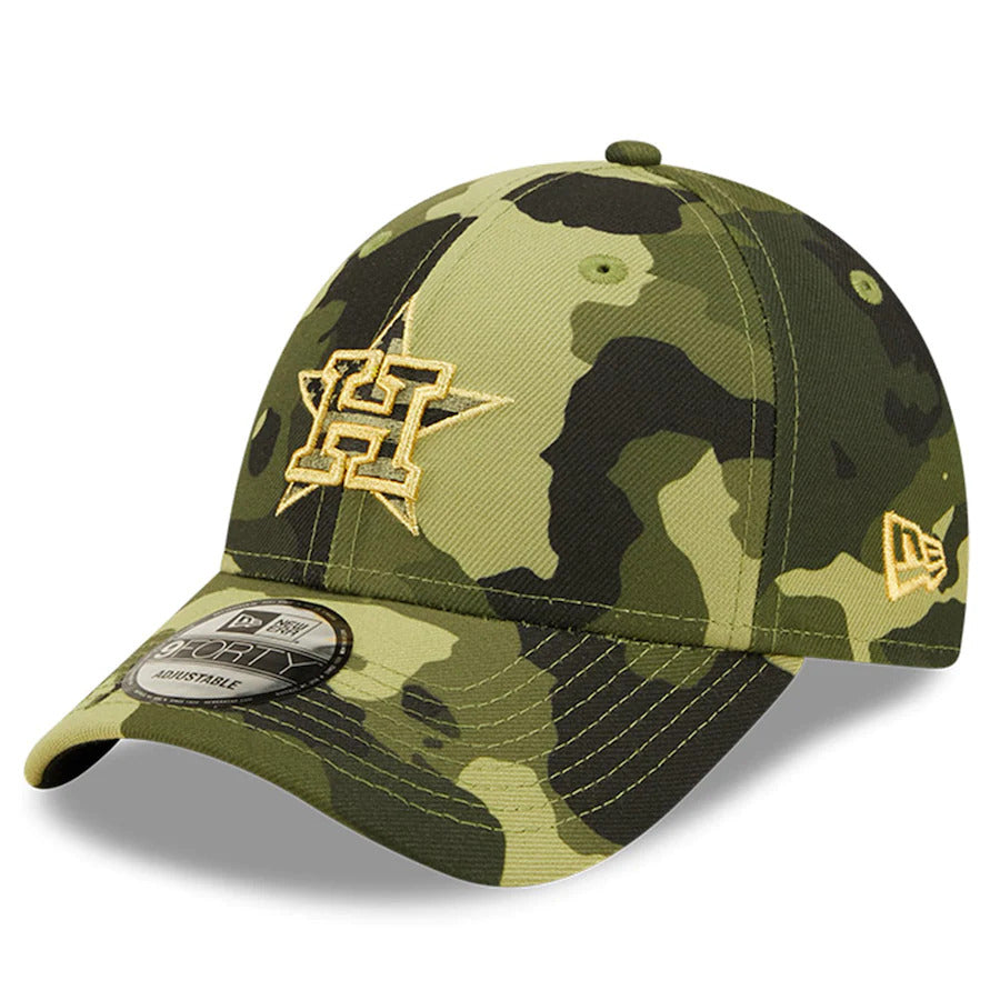 Houston Astros New Era MLB 9FORTY 940 Adjustable Cap Hat Camo Crown/Visor Camo Flag/Gold Logo (2022 Armed Forces Day)
