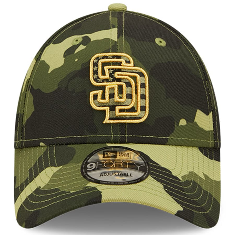 San Diego Padres New Era MLB 9FORTY 940 Adjustable Cap Hat Camo Crown/Visor Camo Flag/Gold Logo (2022 Armed Forces Day)