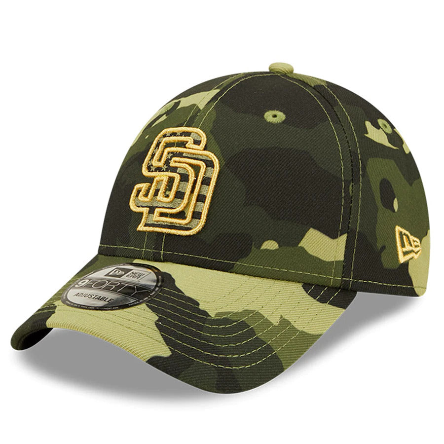 San Diego Padres New Era MLB 9FORTY 940 Adjustable Cap Hat Camo Crown/Visor Camo Flag/Gold Logo (2022 Armed Forces Day)