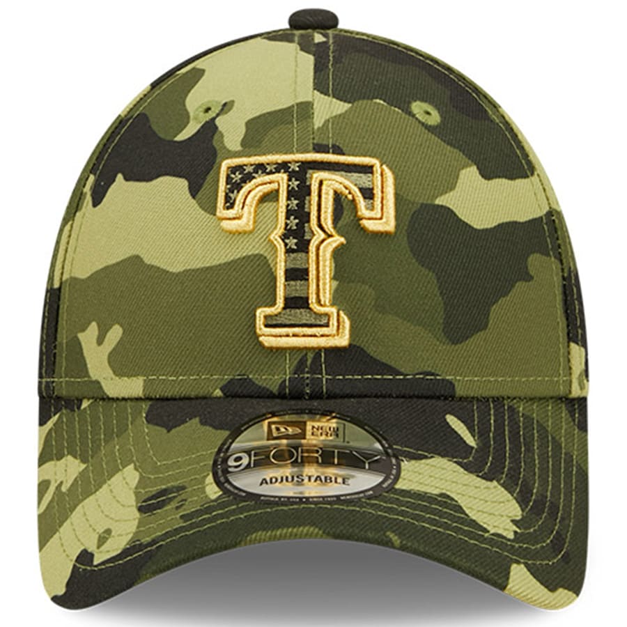 Texas Rangers New Era MLB 9FORTY 940 Adjustable Cap Hat Camo Crown/Visor Camo Flag/Gold Logo (2022 Armed Forces Day)