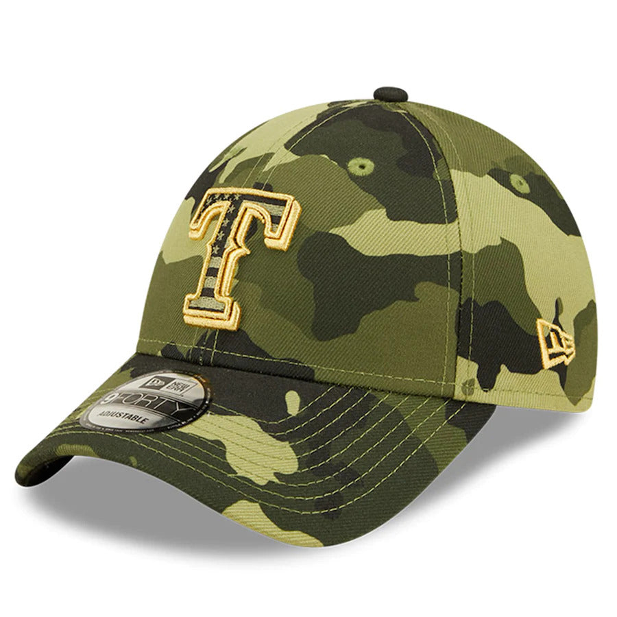 Texas Rangers New Era MLB 9FORTY 940 Adjustable Cap Hat Camo Crown/Visor Camo Flag/Gold Logo (2022 Armed Forces Day)