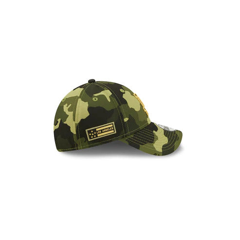 (Youth) Los Angeles Dodgers New Era MLB 9FORTY 940 Kid Adjustable Cap Hat Camo Crown/Visor Camo Flag/Gold Logo (2022 Armed Forces Day)