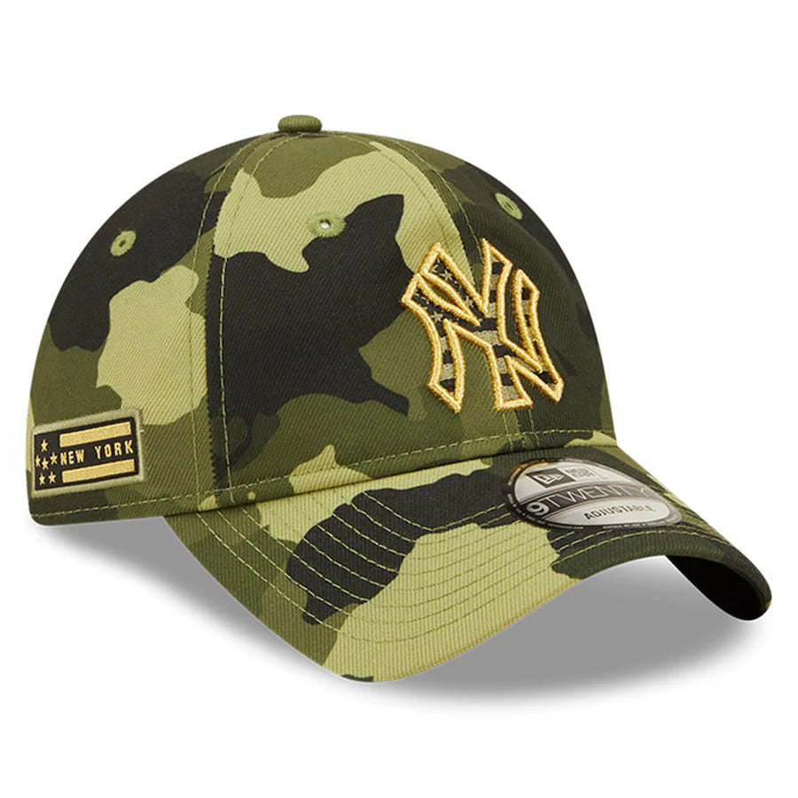 New York Yankees New Era MLB 9TWENTY 920 Adjustable Cap Hat Camo Crown/Visor Camo Flag/Gold Logo (2022 Armed Forces Day)