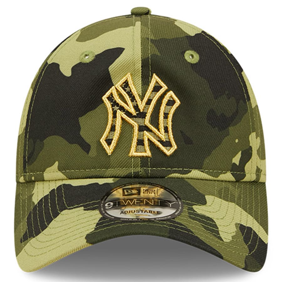 New York Yankees New Era MLB 9TWENTY 920 Adjustable Cap Hat Camo Crown/Visor Camo Flag/Gold Logo (2022 Armed Forces Day)