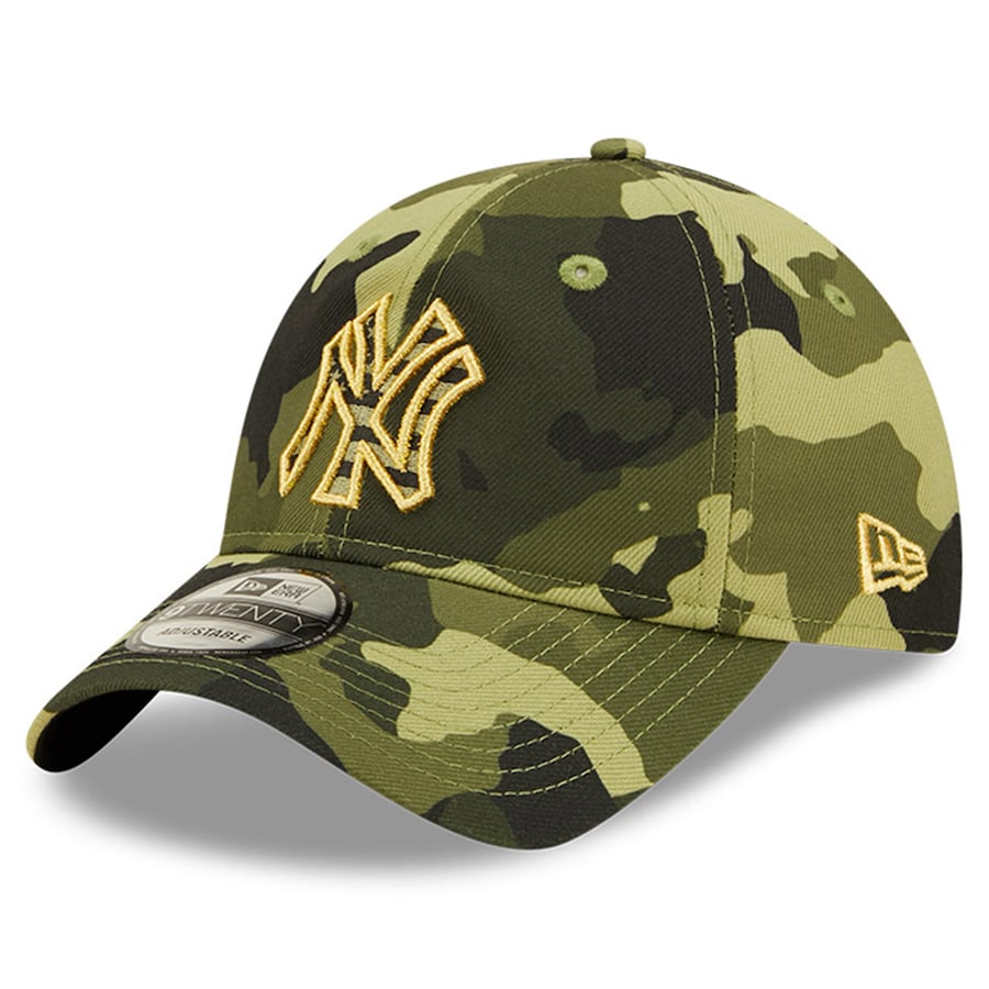 New York Yankees New Era MLB 9TWENTY 920 Adjustable Cap Hat Camo Crown/Visor Camo Flag/Gold Logo (2022 Armed Forces Day)