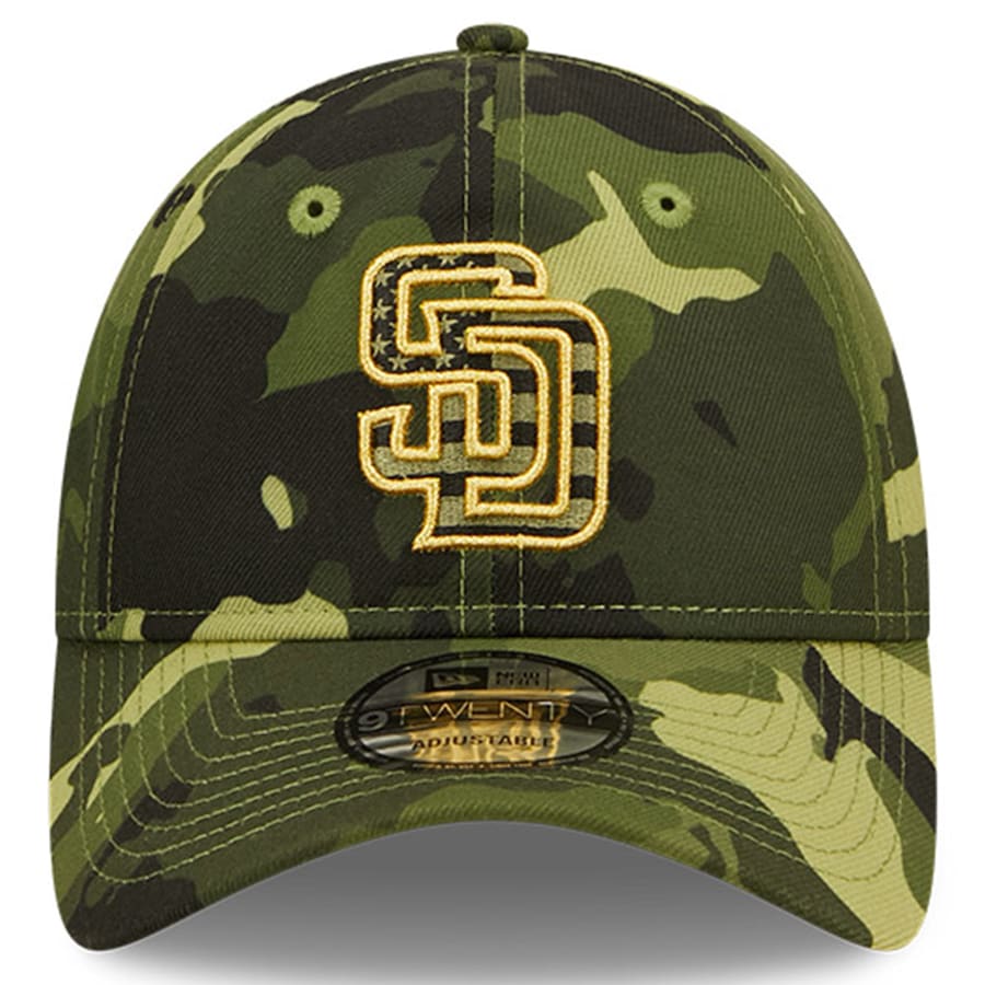 San Diego Padres New Era MLB 9TWENTY 920 Adjustable Cap Hat Camo Crown/Visor Camo Flag/Gold Logo (2022 Armed Forces Day)
