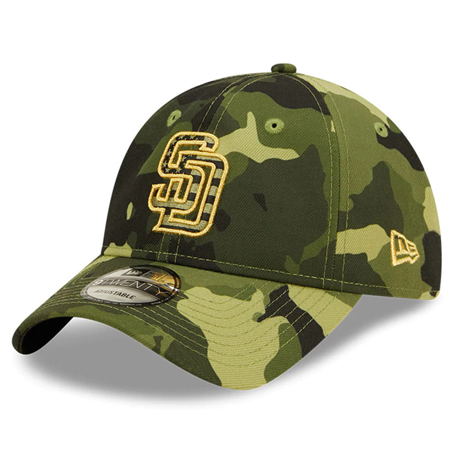 San Diego Padres New Era MLB 9TWENTY 920 Adjustable Cap Hat Camo Crown/Visor Camo Flag/Gold Logo (2022 Armed Forces Day)