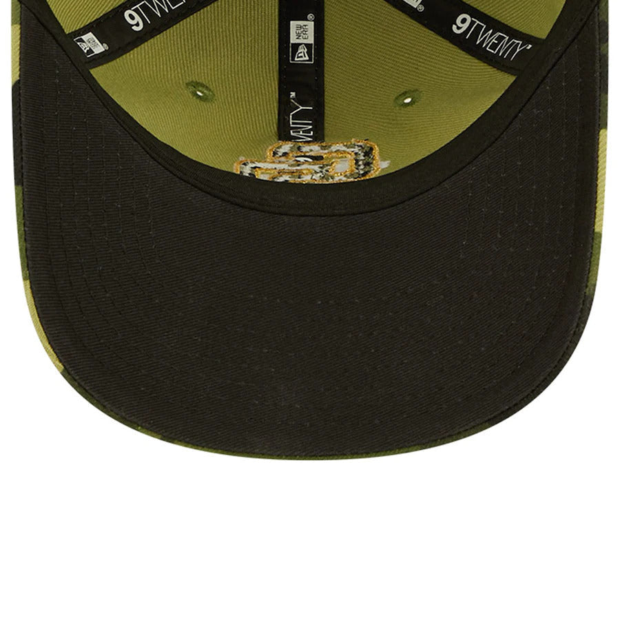 San Diego Padres New Era MLB 9TWENTY 920 Adjustable Cap Hat Camo Crown/Visor Camo Flag/Gold Logo (2022 Armed Forces Day)