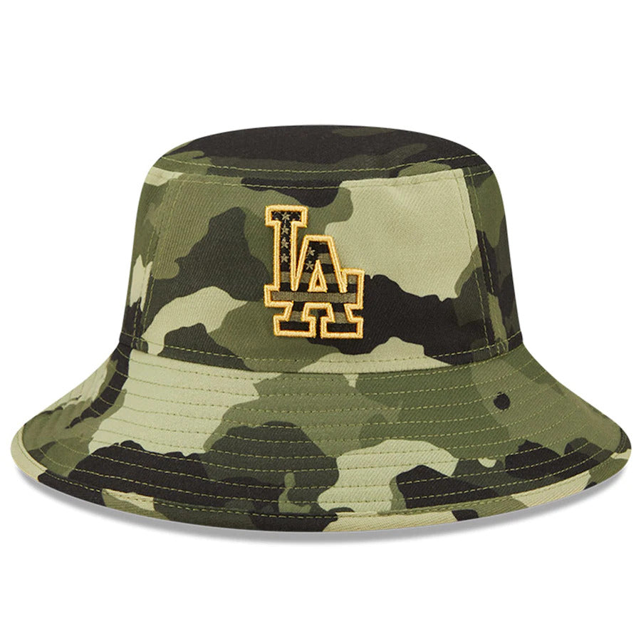Los Angeles Dodgers New Era MLB Bucket Cap Hat Camo Crown/Visor Camo Flag/Gold Logo (2022 Armed Forces Day)