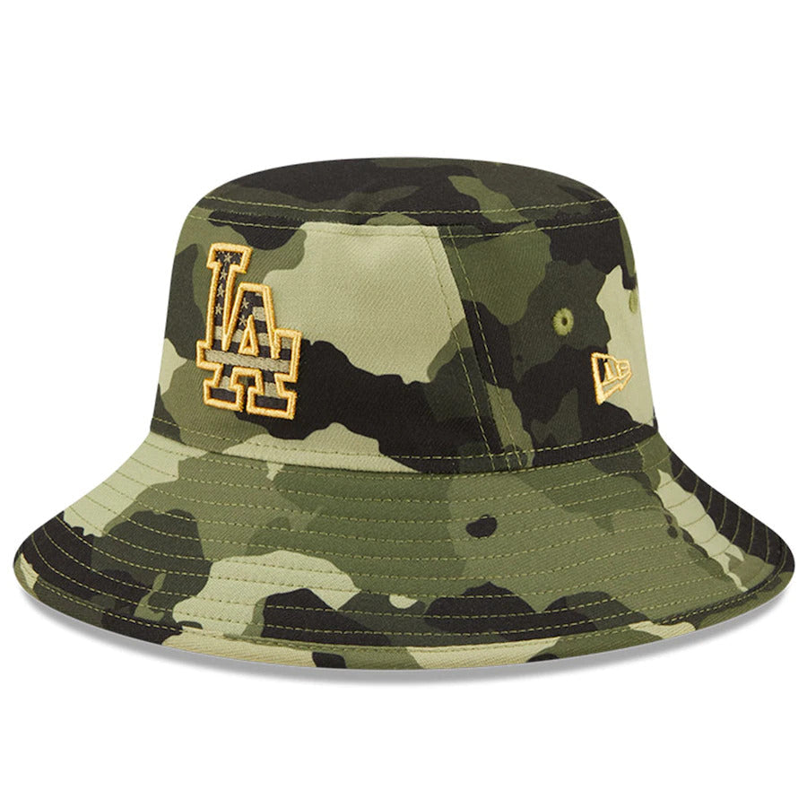 Los Angeles Dodgers New Era MLB Bucket Cap Hat Camo Crown/Visor Camo Flag/Gold Logo (2022 Armed Forces Day)