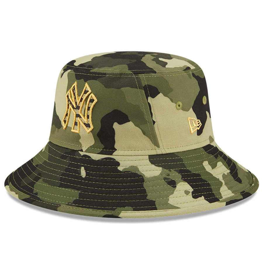 New York Yankees New Era MLB Bucket Cap Hat Camo Crown/Visor Camo Flag/Gold Logo (2022 Armed Forces Day)