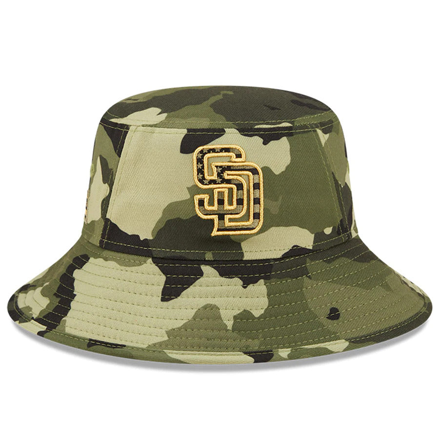 San Diego Padres New Era MLB Bucket Cap Hat Camo Crown/Visor Camo Flag/Gold Logo (2022 Armed Forces Day)