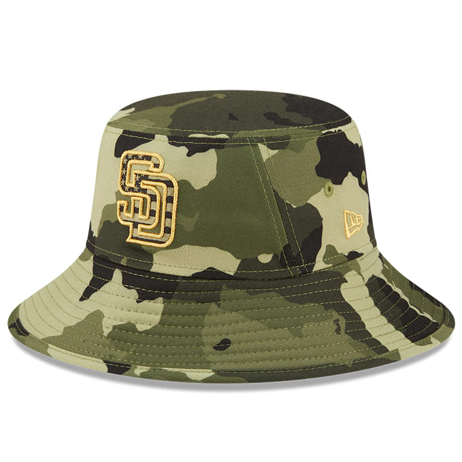 San Diego Padres New Era MLB Bucket Cap Hat Camo Crown/Visor Camo Flag/Gold Logo (2022 Armed Forces Day)