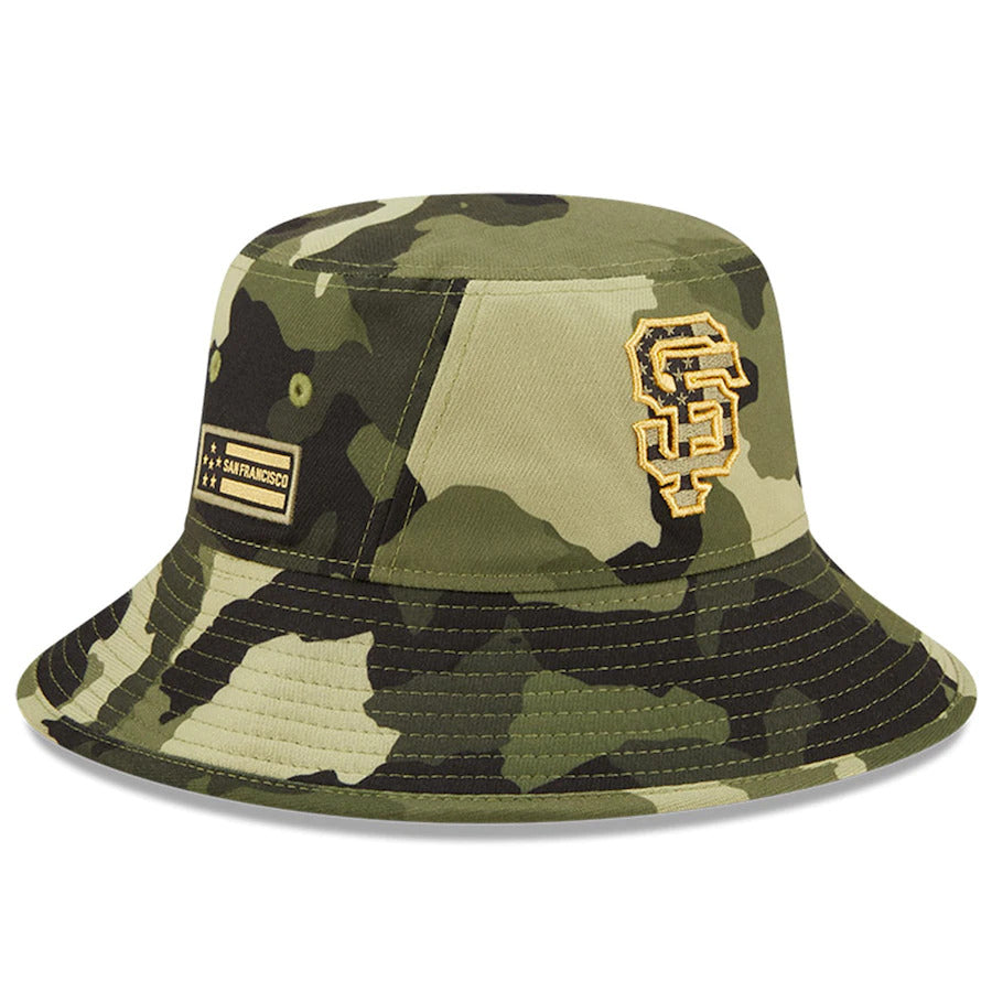 San Francisco Giants New Era MLB Bucket Cap Hat Camo Crown/Visor Camo Flag/Gold Logo (2022 Armed Forces Day)