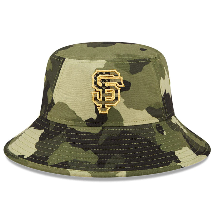 San Francisco Giants New Era MLB Bucket Cap Hat Camo Crown/Visor Camo Flag/Gold Logo (2022 Armed Forces Day)