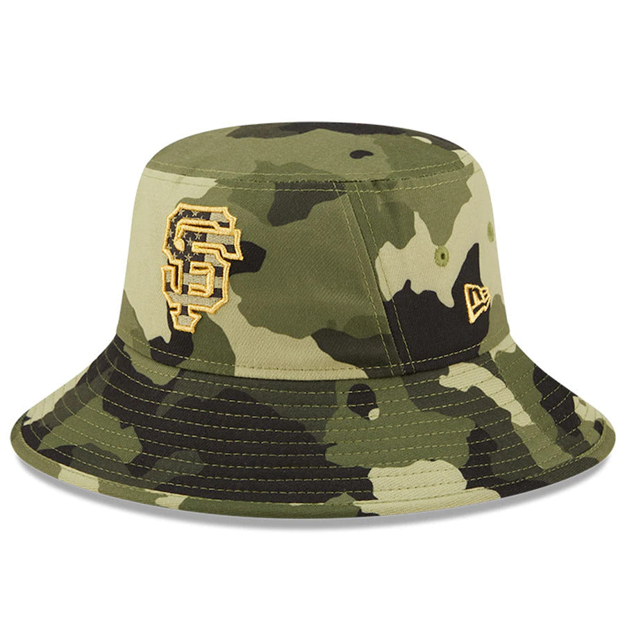 San Francisco Giants New Era MLB Bucket Cap Hat Camo Crown/Visor Camo Flag/Gold Logo (2022 Armed Forces Day)