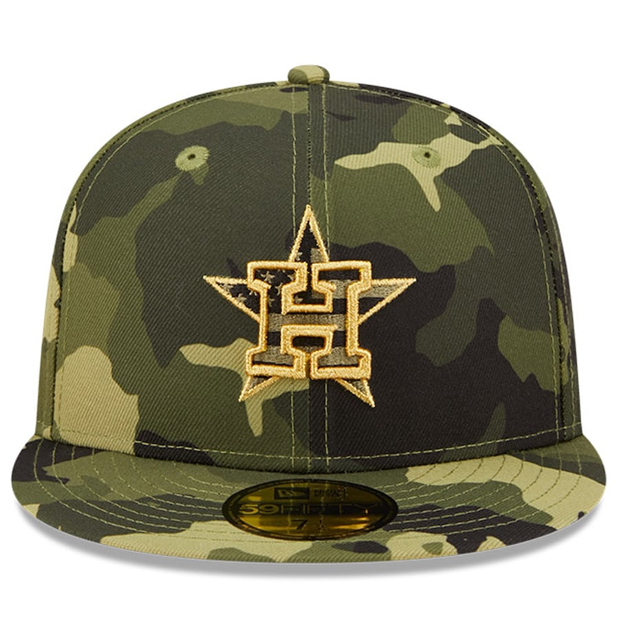 Houston Astros New Era MLB 59FIFTY 5950 Fitted Cap Hat Camo Crown/Visor Camo/Metallic Gold Logo (2022 Armed Forces Day)