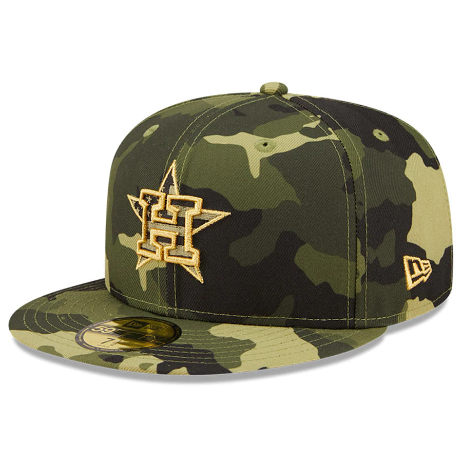 Houston Astros New Era MLB 59FIFTY 5950 Fitted Cap Hat Camo Crown/Visor Camo/Metallic Gold Logo (2022 Armed Forces Day)