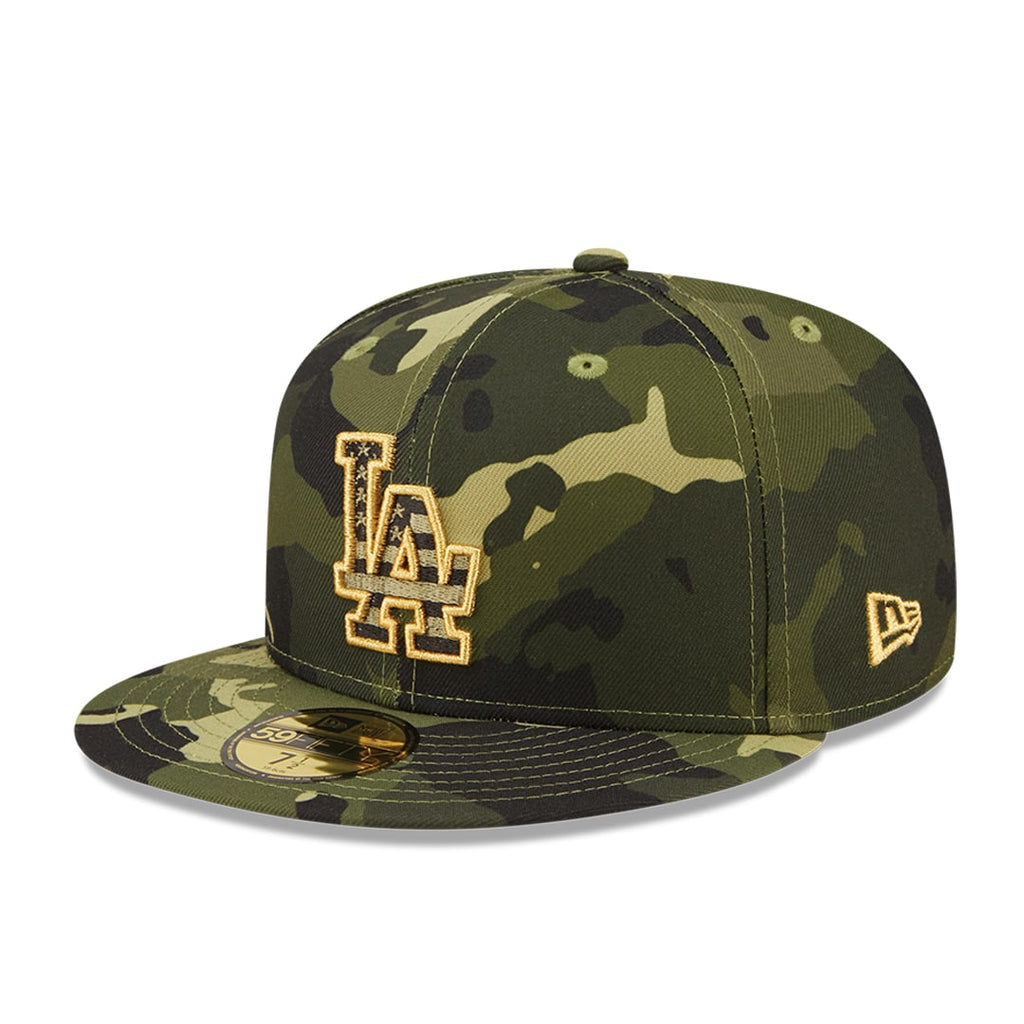 Los Angeles Dodgers New Era MLB 59FIFTY 5950 Fitted Cap Hat Camo Crown/Visor Camo/Metallic Gold Logo (2022 Armed Forces Day)
