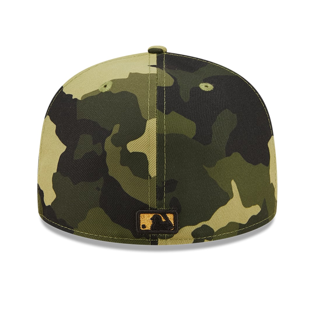 Los Angeles Dodgers New Era MLB 59FIFTY 5950 Fitted Cap Hat Camo Crown/Visor Camo/Metallic Gold Logo (2022 Armed Forces Day)