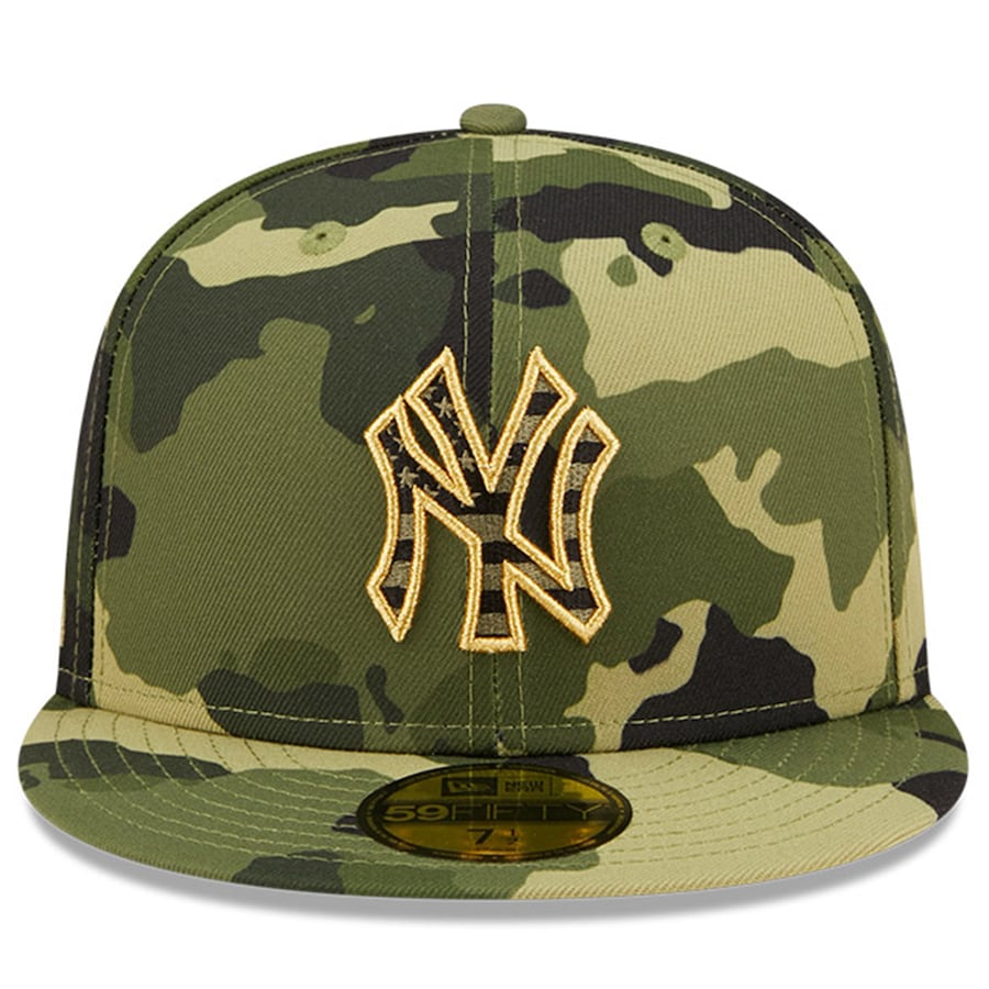 New York Yankees New Era MLB 59FIFTY 5950 Fitted Cap Hat Camo Crown/Visor Camo/Metallic Gold Logo (2022 Armed Forces Day)