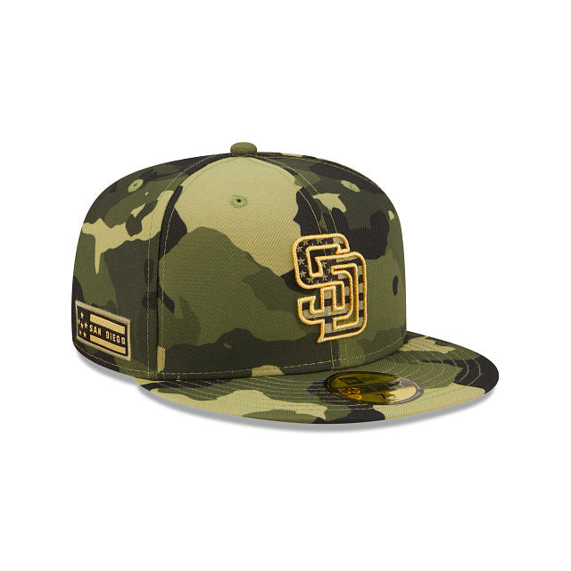 San Diego Padres New Era MLB 59FIFTY 5950 Fitted Cap Hat Camo Crown/Visor Camo Flag/Gold Logo (2022 Armed Forces Day)