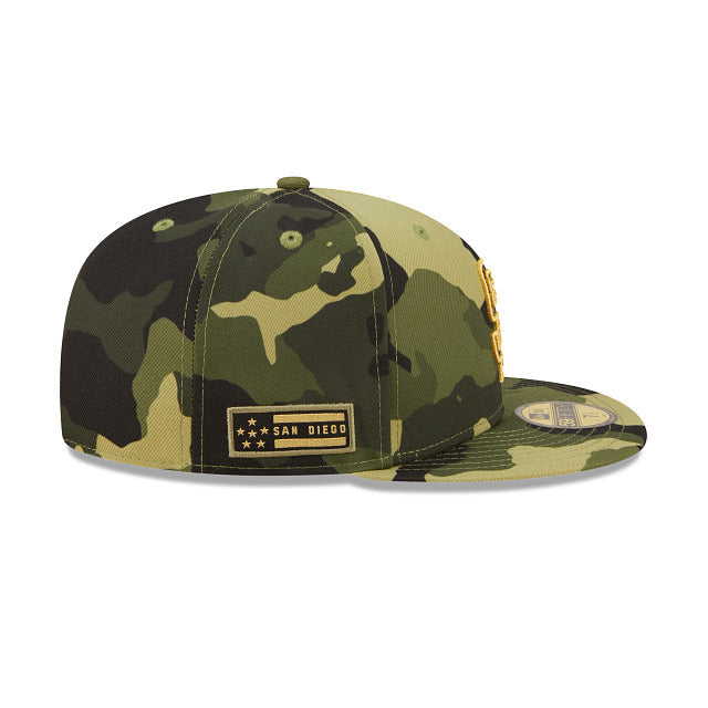 San Diego Padres New Era MLB 59FIFTY 5950 Fitted Cap Hat Camo Crown/Visor Camo Flag/Gold Logo (2022 Armed Forces Day)