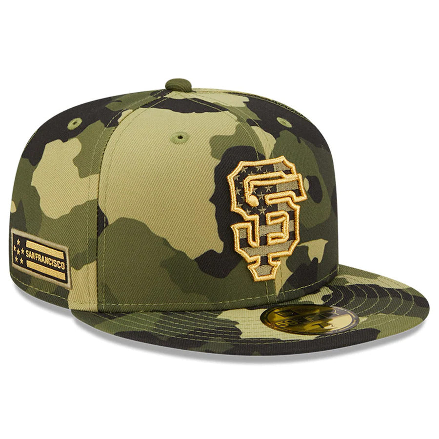 San Francisco Giants New Era MLB 59FIFTY 5950 Fitted Cap Hat Camo Crown/Visor Camo/Metallic Gold Logo (2022 Armed Forces Day)