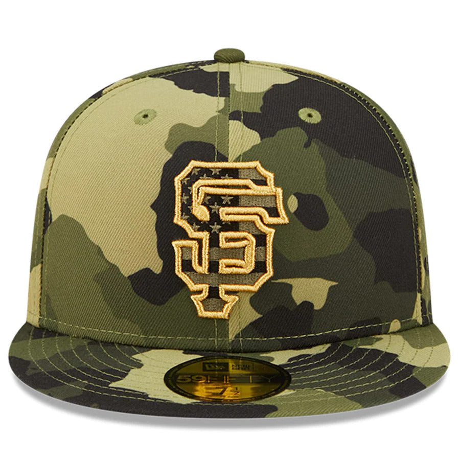 San Francisco Giants New Era MLB 59FIFTY 5950 Fitted Cap Hat Camo Crown/Visor Camo/Metallic Gold Logo (2022 Armed Forces Day)