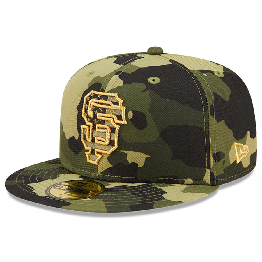 San Francisco Giants New Era MLB 59FIFTY 5950 Fitted Cap Hat Camo Crown/Visor Camo/Metallic Gold Logo (2022 Armed Forces Day)