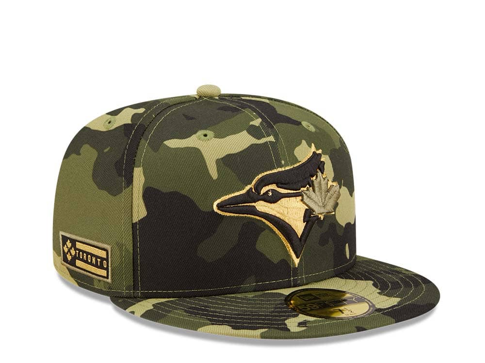 Toronto Blue Jays New Era MLB 59FIFTY 5950 Fitted Cap Hat Camo Crown/Visor Camo/Metalic Gold Logo (2022 Armed Forces Day)